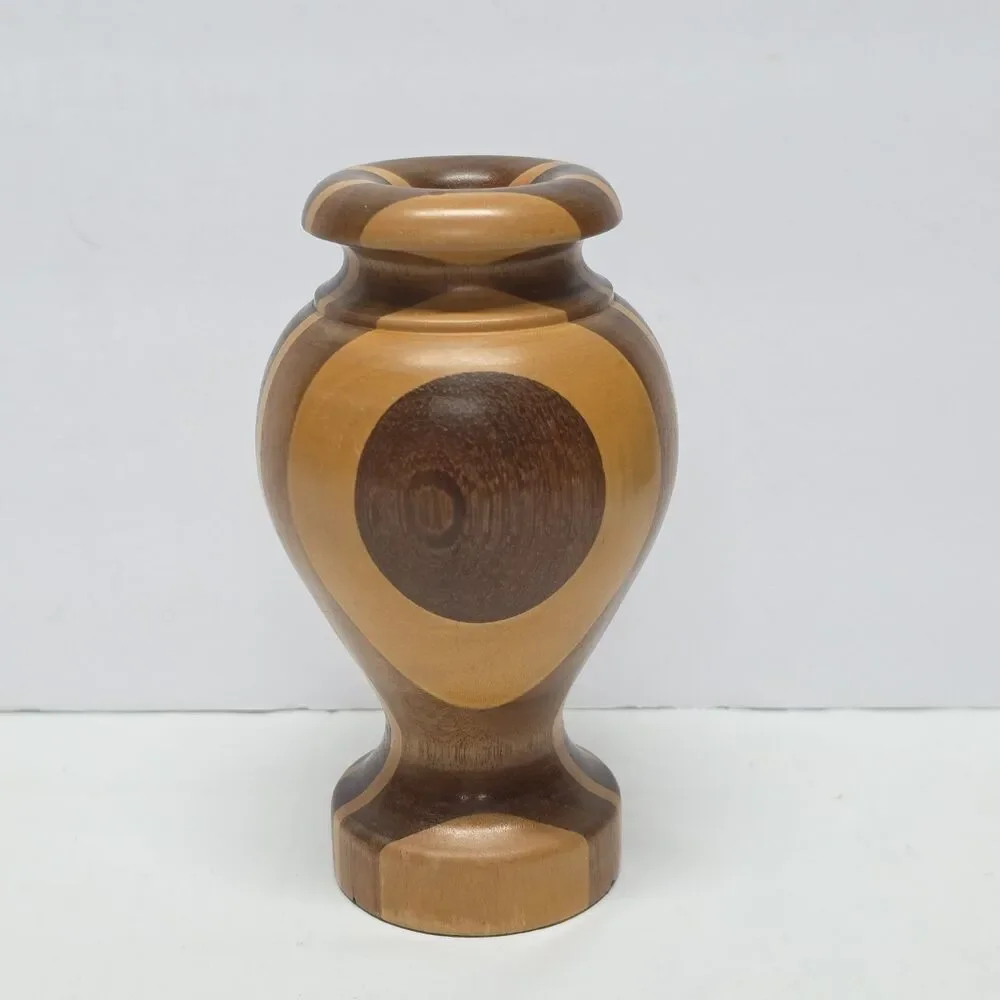 Vintage Hand Turned Wood Marquetry Bud Vase Segmented Layered Mosaic Rustic - Picture 8 of 9